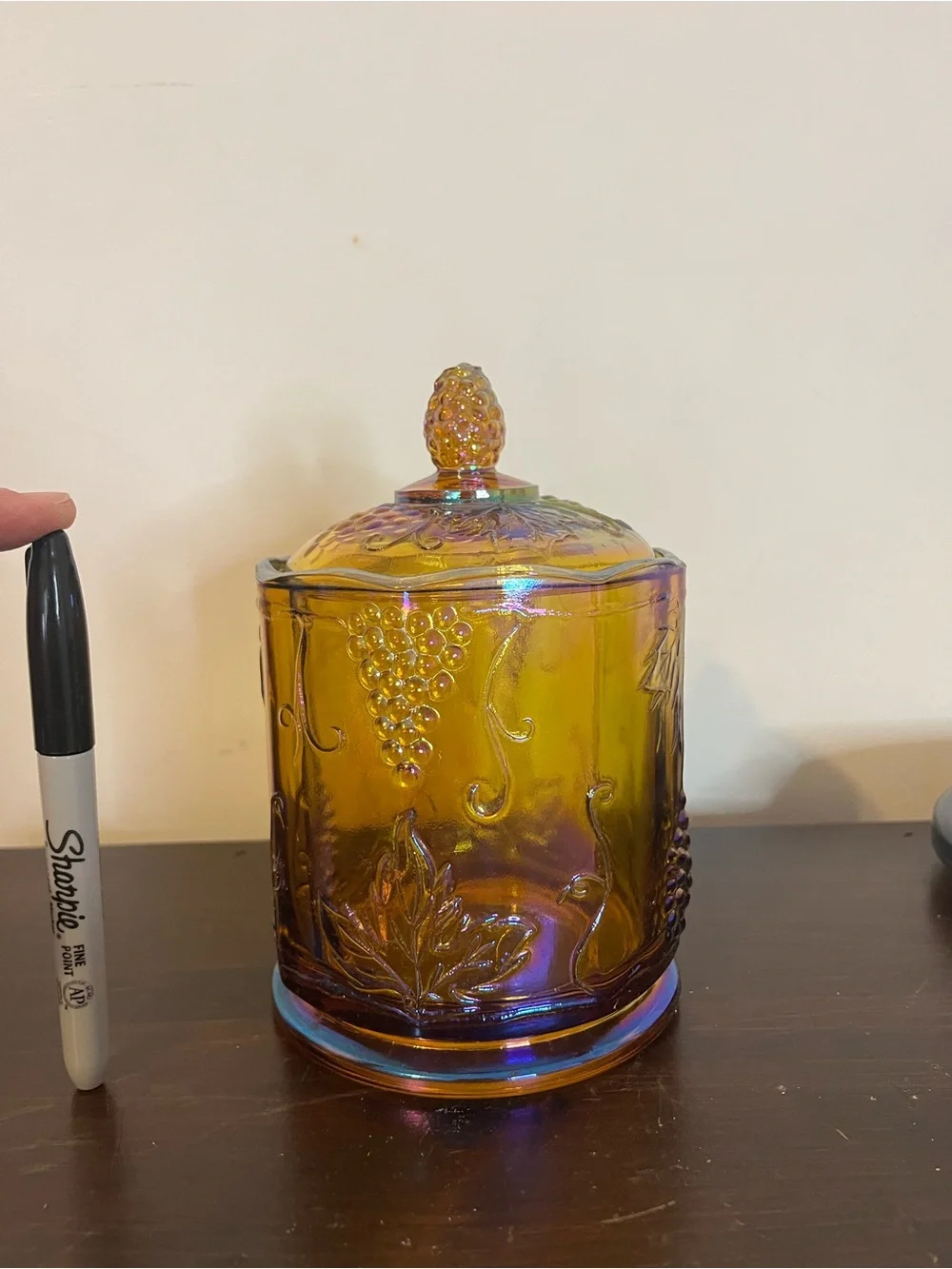 Vintage Indiana marigold carnival glass canister jar 7